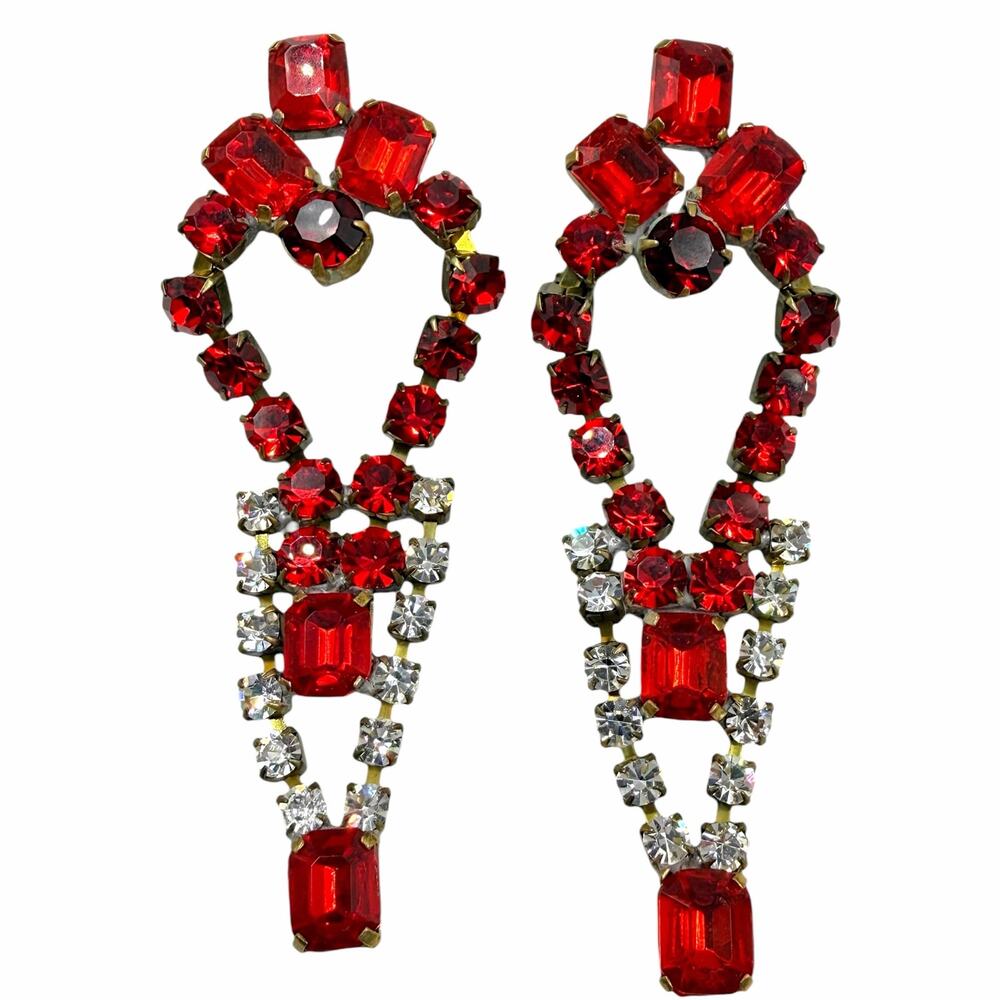 Vtg 50s Bijoux MG Signed Czech Ruby Rhinestone Open Dangle Chandelier Earrings
